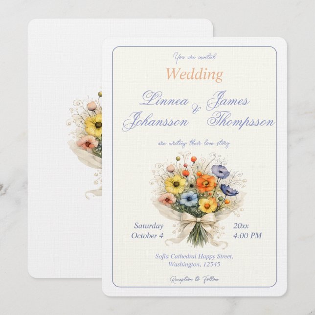 Convites Casamento Sofisticado Neutro Elegante Marfim Azul  (Frente/Verso)