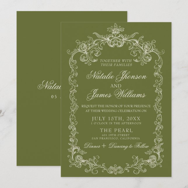 Convites Casamento sofisticado vintage azeitona verde dinhe (Frente/Verso)