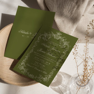 Convites Casamento sofisticado vintage azeitona verde dinhe