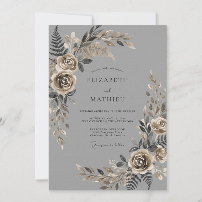 Convites Casamento Sofisticado Vintage Carvão (Frente)