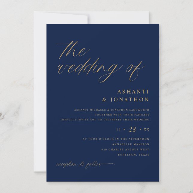 Convites Casamento Soft Romântico em Azul Naval e Dourado T (Frente)