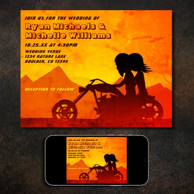 Convites Casamento Solar Da Montanha Do Casal De Motociclet (Printed and Digital Motorcycle Couple Mountain Sunset Wedding Invitation)