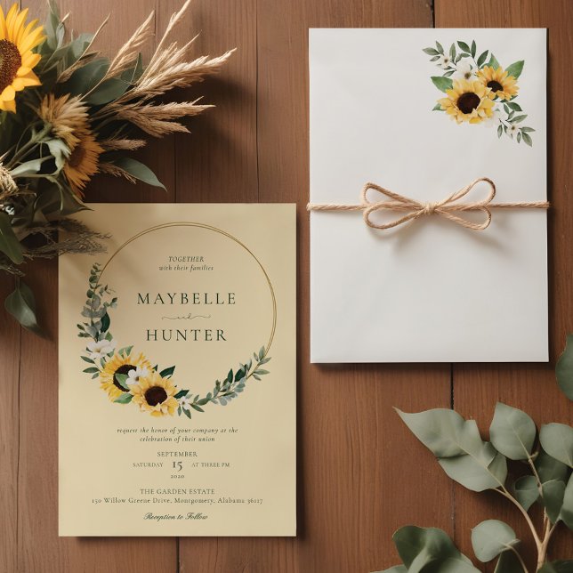 Convites Casamento Solar de Girassol com Cor Amarela (Yellow Watercolor Sunflower Country Wreath Wedding Invitation)