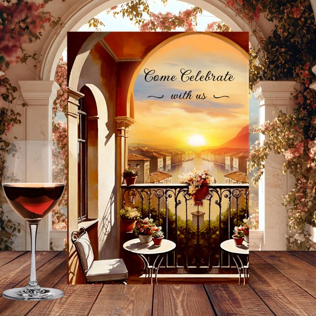 Convites Casamento Solar Italiano com Aquarela (Romantic wedding invitation showing a watercolor view from an Italian balcony at sunset)