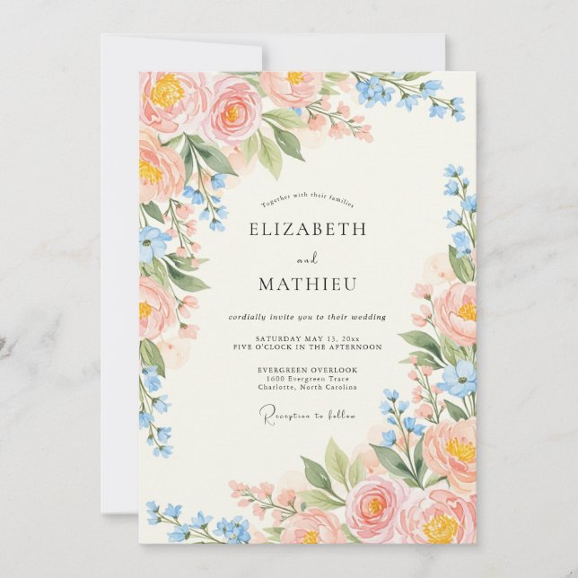 Convites Casamento Sonhado de Primavera com Rosa Suave e Az (Frente)