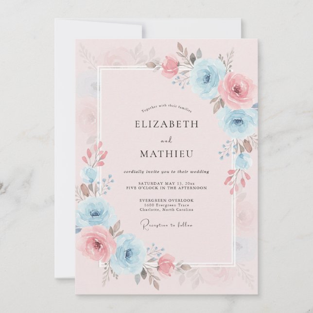 Convites Casamento Sonhado de Primavera em Azul Pastel (Frente)