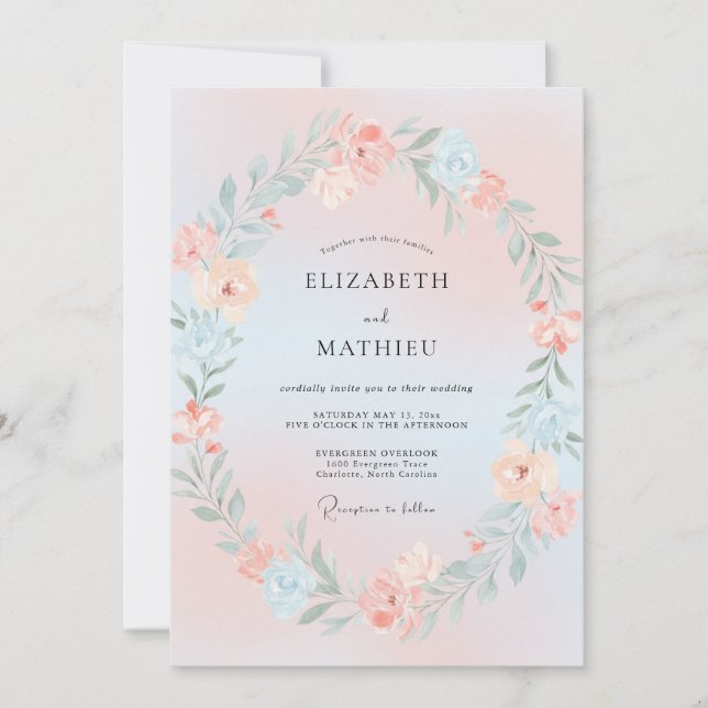 Convites Casamento Sonhado de Primavera Rosa Azul (Frente)