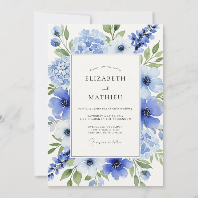 Convites Casamento Sonhador Azul Celeste na Primavera (Frente)