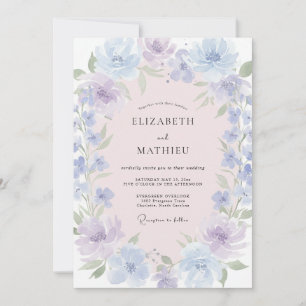 Convites Casamento Sonhador com Aquarela Azul Lavanda