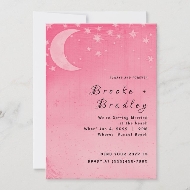Convites Casamento Sonhador com Lua Crescente Rosa e Celest (Frente)