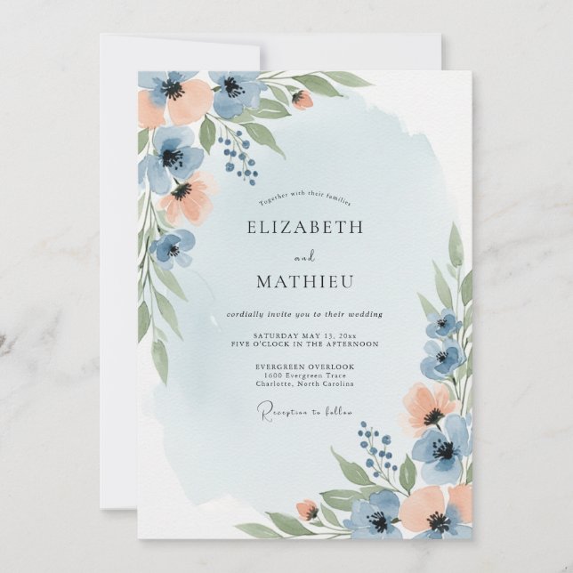 Convites Casamento Sonhador de Primavera em Azul Desbotado  (Frente)