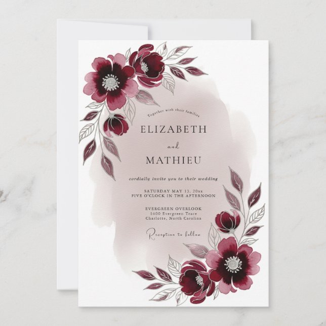 Convites Casamento Sonhador Romântico Borgonha (Frente)