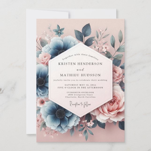Convites Casamento Sonho Aquarela Azul Rosa (Frente)