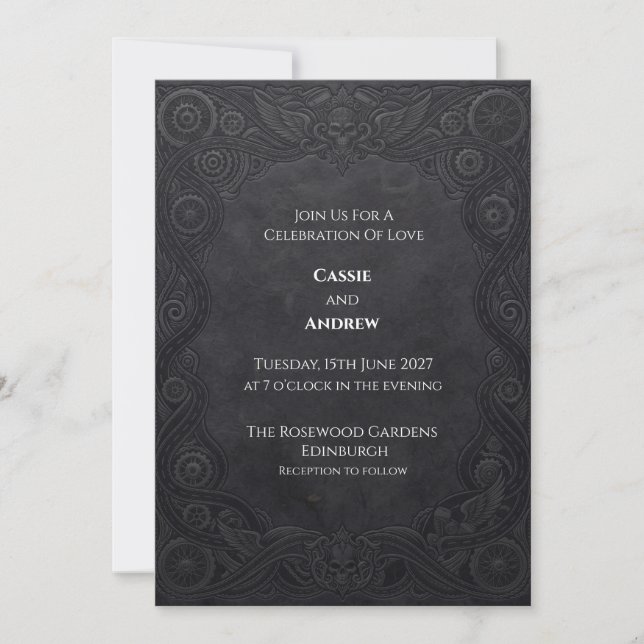 Convites Casamento Steampunk Gótico a Carvão (Frente)