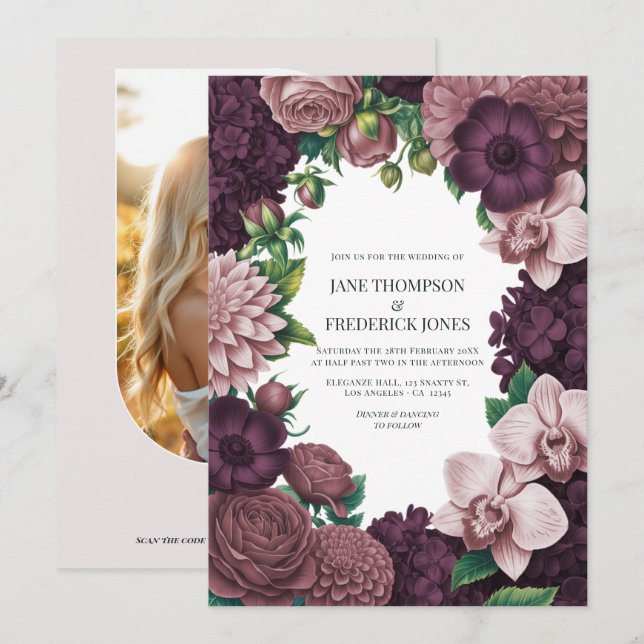 Convites Casamento Storm Plum, Graphite Rose & Antique Blus (Frente/Verso)