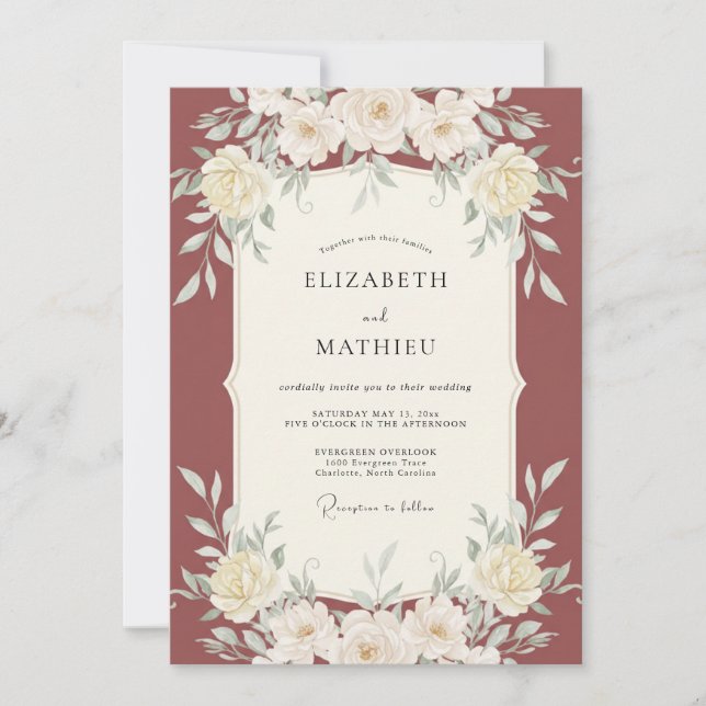Convites Casamento Suave com Folhas de Terracota (Frente)