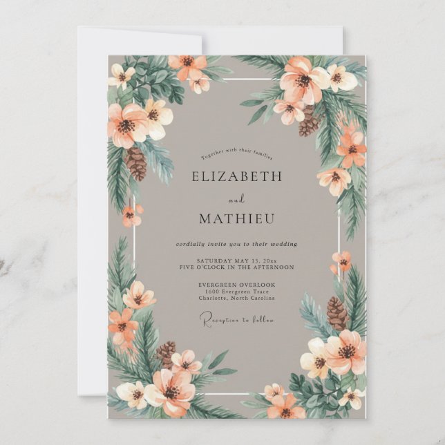 Convites Casamento Suave de Pêssego e Pinheiro (Frente)