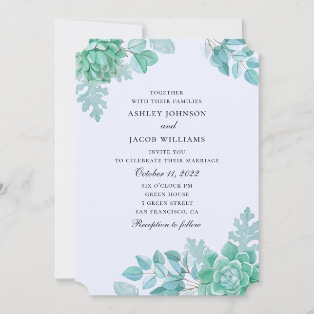 Convites Casamento suculento com aquarela. Mint e cacto azu (Frente)