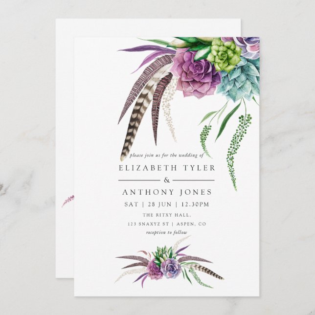 Convites Casamento Suculento de Mystical Boho Watercolor (Frente/Verso)