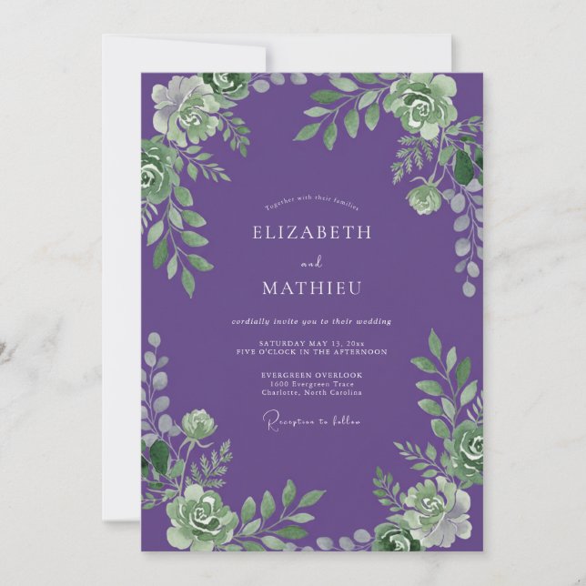 Convites Casamento Suculento Roxo Verdejante (Frente)