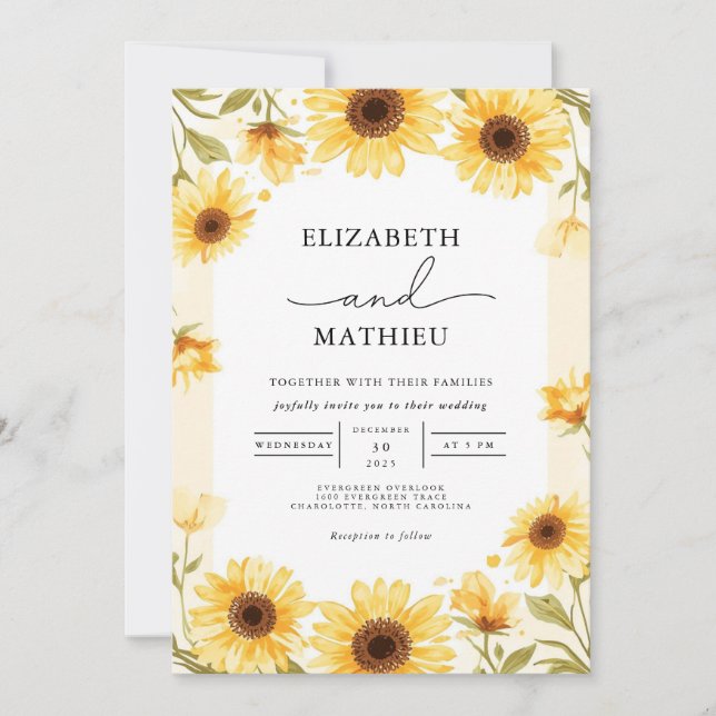 Convites Casamento Sunny Sunflower Border (Frente)