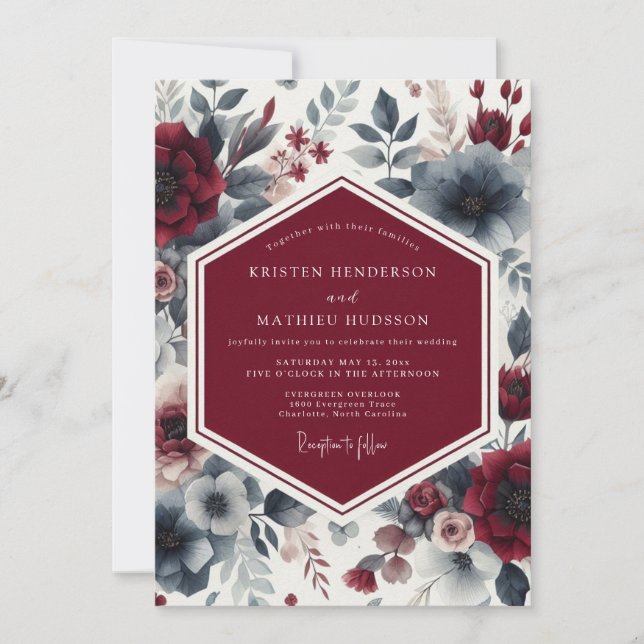Convites Casamento Sussurro Floral Borgonha (Frente)