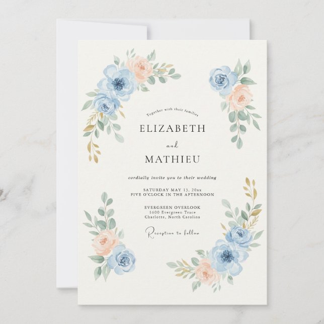 Convites Casamento Sutil de Azul Empoeirado na Primavera (Frente)