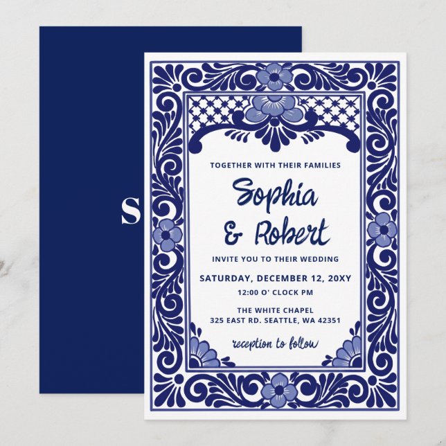 Convites Casamento Talavera Azul Mexicano (Frente/Verso)