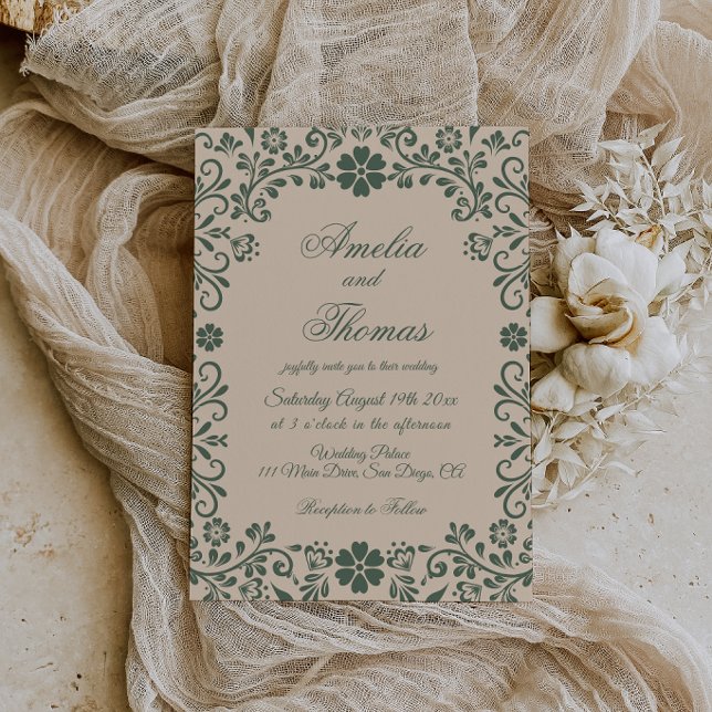 Convites Casamento Talavera Verde Bege  (Criador carregado)
