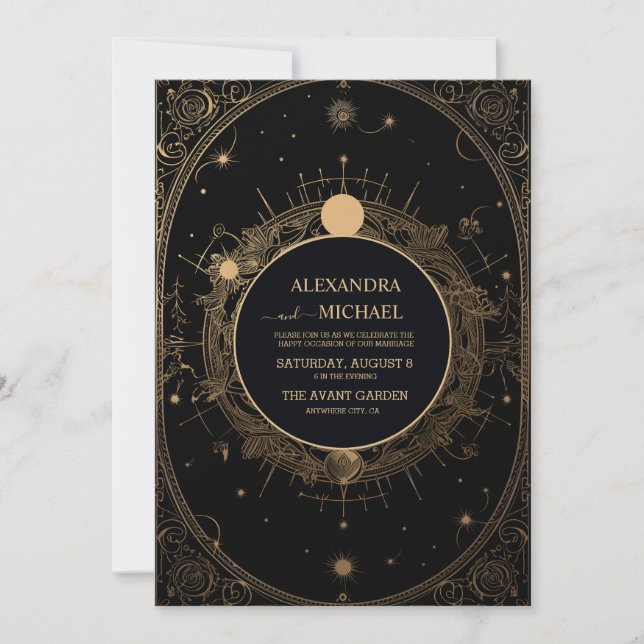 Convites Casamento Tarot Preto e Dourado Místico (Frente)