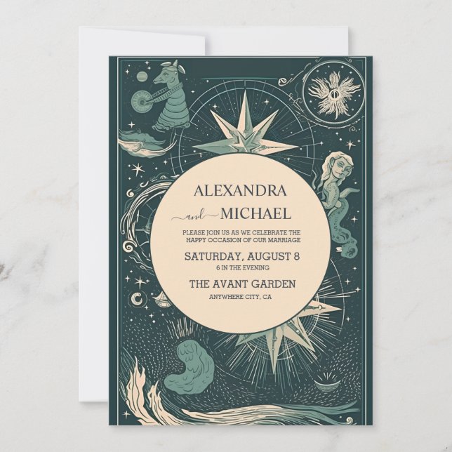 Convites Casamento Tarot Verde Prata Elegante (Frente)