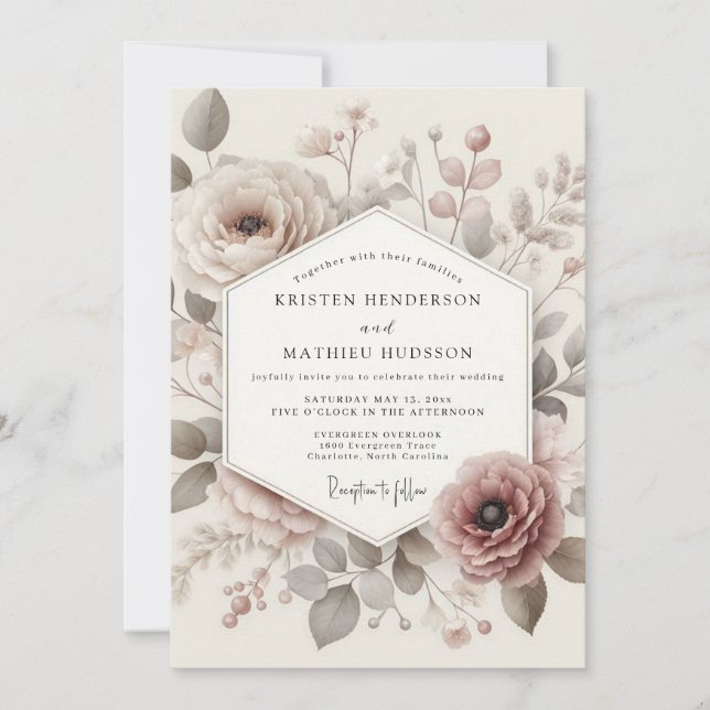 Convites Casamento Taupe Antique Bloom (Frente)