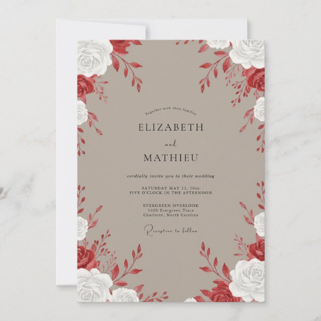 Convites Casamento Taupe Crimson Rose (Frente)