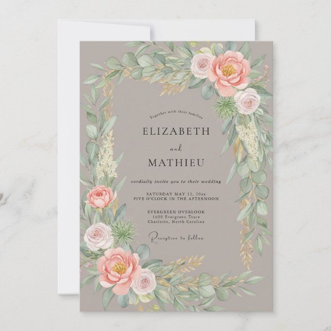 Convites Casamento Taupe Soft Peach Peony (Frente)