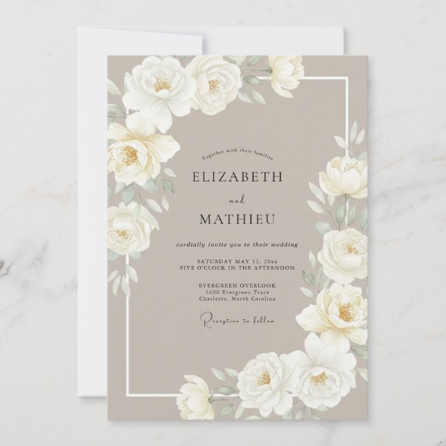Convites Casamento Taupe Soft White Peony (Frente)