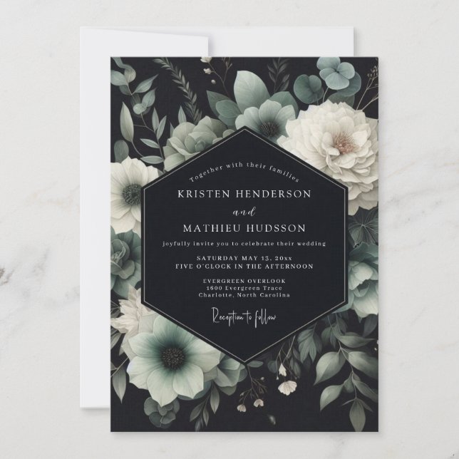 Convites Casamento Teal Anemone Noir (Frente)