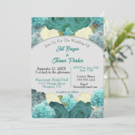 Convites Casamento Teal Blue Floral e Rosa Elegante