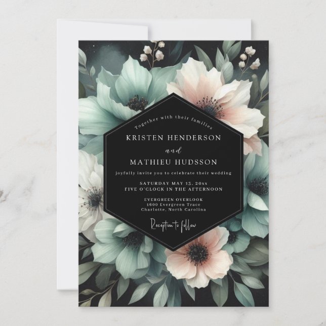 Convites Casamento Teal Blush Midnight Bloom (Frente)