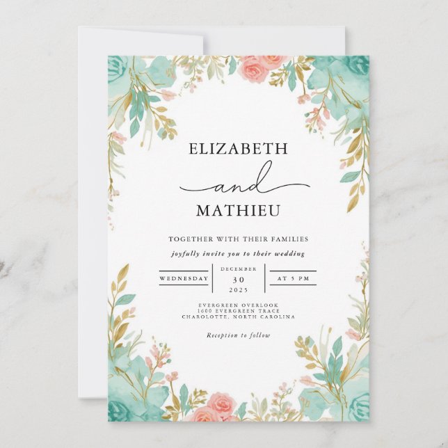 Convites Casamento Teal & Coral Bloom Archway (Frente)