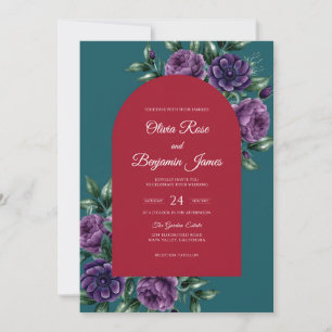 Convites Casamento Teal Crimson Purple Dahlia