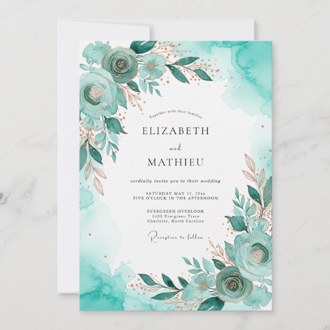 Convites Casamento Teal Dourado à Beira-Mar (Frente)