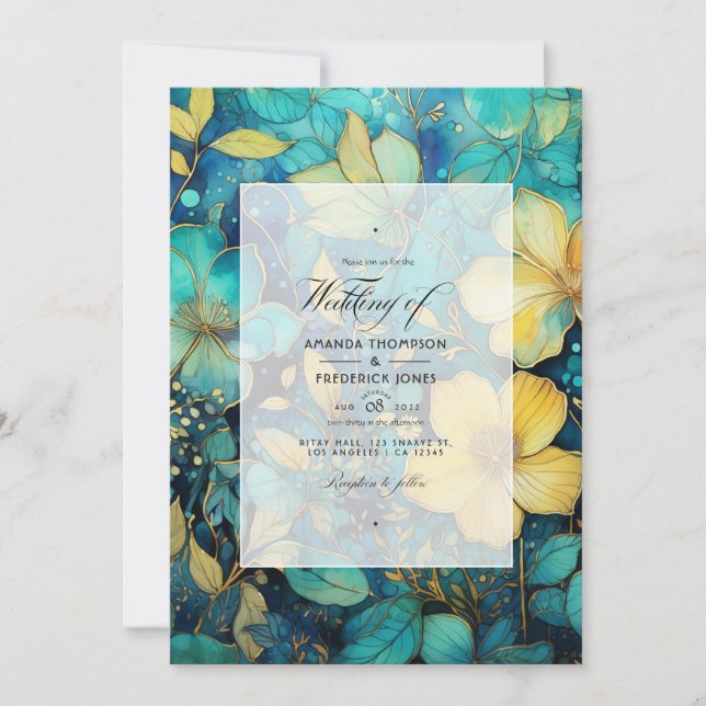 Convites Casamento Teal e Dourado Floral (Frente)