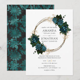 Convites Casamento Teal e Dourado Floral