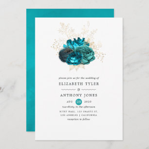 Convites Casamento Teal e Dourado Floral
