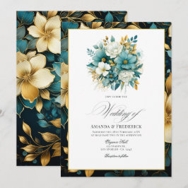 Convites Casamento Teal e Dourado Floral