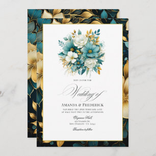Convites Casamento Teal e Dourado Floral