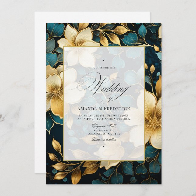 Convites Casamento Teal e Dourado Floral (Frente/Verso)
