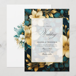 Convites Casamento Teal e Dourado Floral