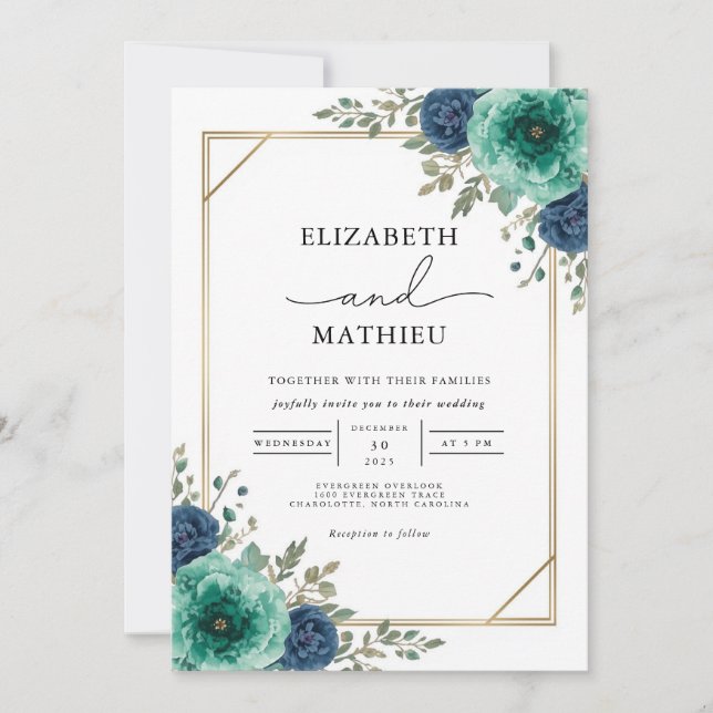 Convites Casamento Teal Floral Border (Frente)