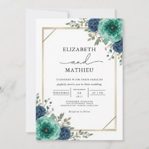 Convites Casamento Teal Floral Border